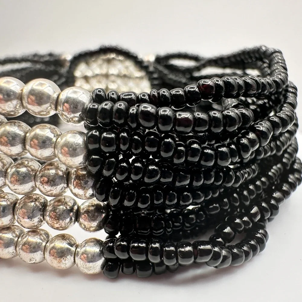 Vintage Y2K Black Beaded Multi-Strand Bracelet Silver‎ Tone Statement Jewelry